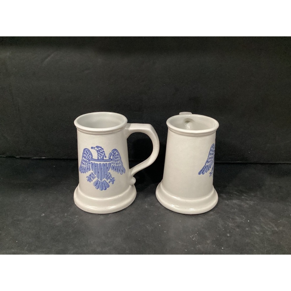 2 Pfaltzgraff YORKTOWNE *BLUE & GREY 5 3/4" - 16 OZ EAGLE BEER MUG STEINS #286M